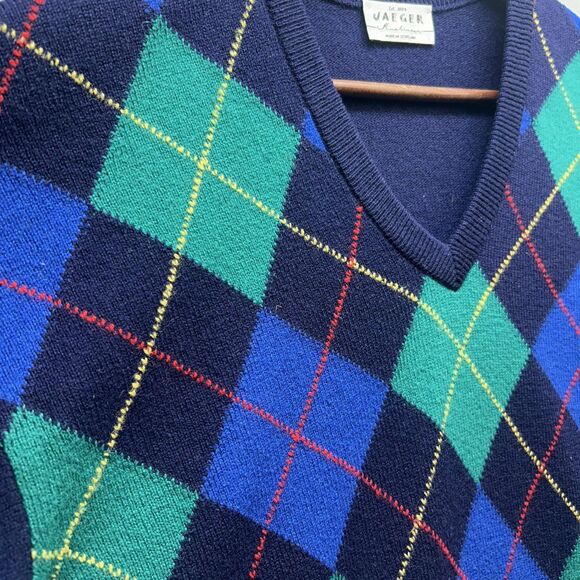 Jaeger Knitwear Sweater Mens Navy Argyle V-Neck Made in Scotland Preppy Golf - Picture 3 of 9